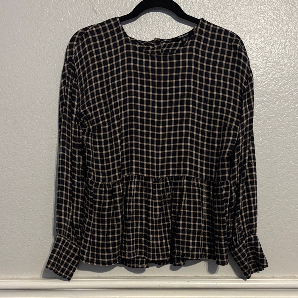 Madewell Black and Cream Checkered Blouse